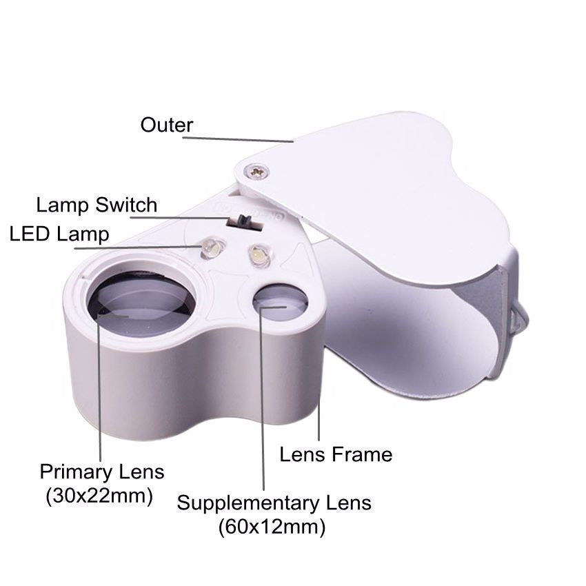 EnTeck 30X 60X Dual Lens LED Illuminated Jewelry Magnifier, Pocket  Microscope Magnifying Jewelers Eye Loupe Glasses