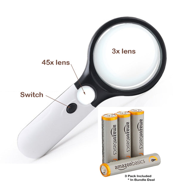 Magnifying Glass 3X 45X LED Illuminated Lightweight Handheld Magnifier with Lights Package Deal (Batteries Included) by Wesleys