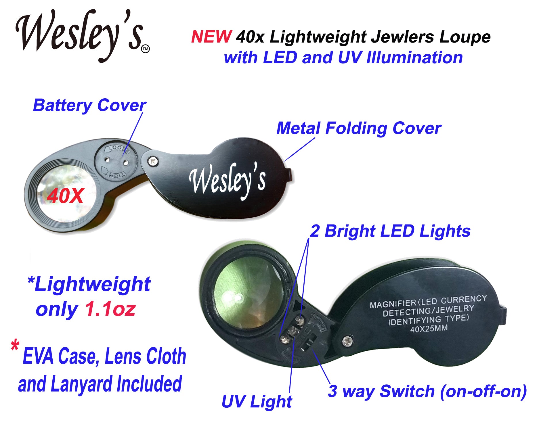 Jewelers Loupe 30X 60X LED Illuminated - Jewelry Loop Magnifier with Case  for Geology, Gems, Gardening, Electronics, Industrial by Wesley's as you